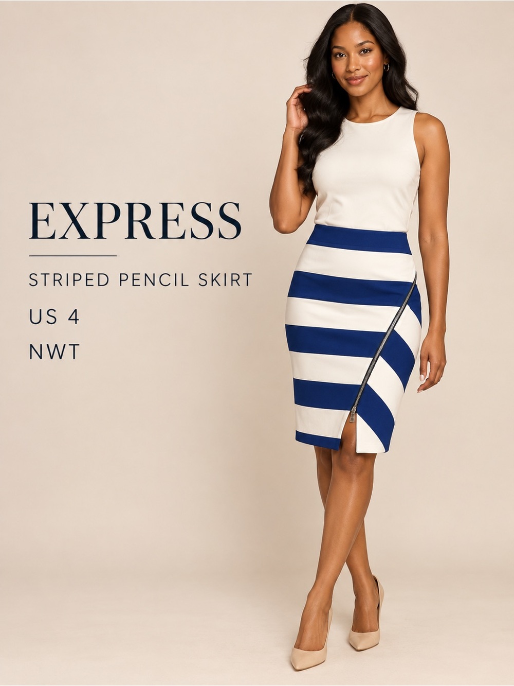 NWT Express Navy White Striped Diagonal Zip Pencil Skirt Size 4